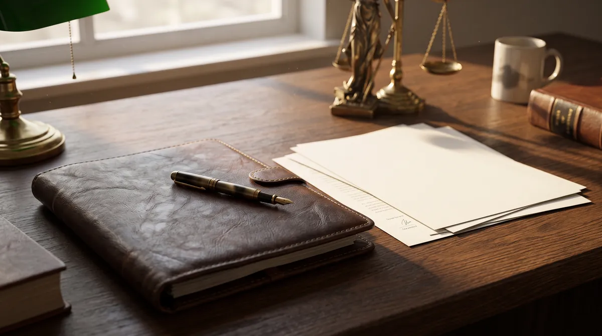 مكتب محامٍ عليه ملف جلدي وقلم وميزان العدالة