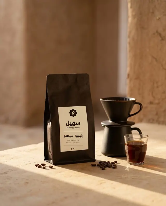 كيس قهوة سهيل بجانب أدوات التقطير
