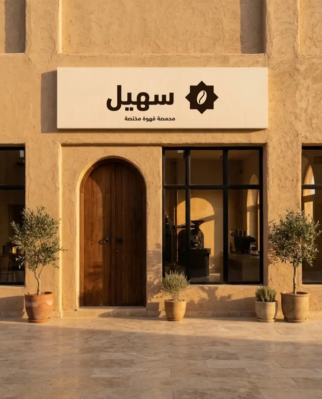 واجهة محل سهيل بلوحة الشعار وباب خشبي مقوّس